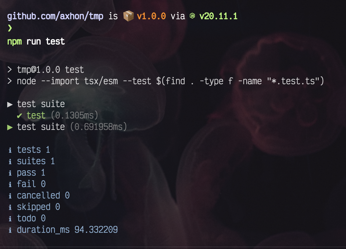 terminal output showing the test suceeded in ~100 milliseconds